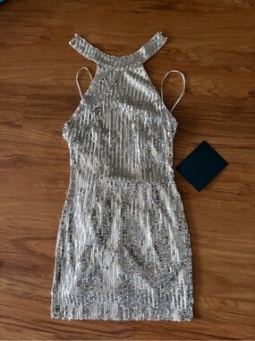 Lulu's Lavigne Silver Sequin Halter Backless Mini Dress
